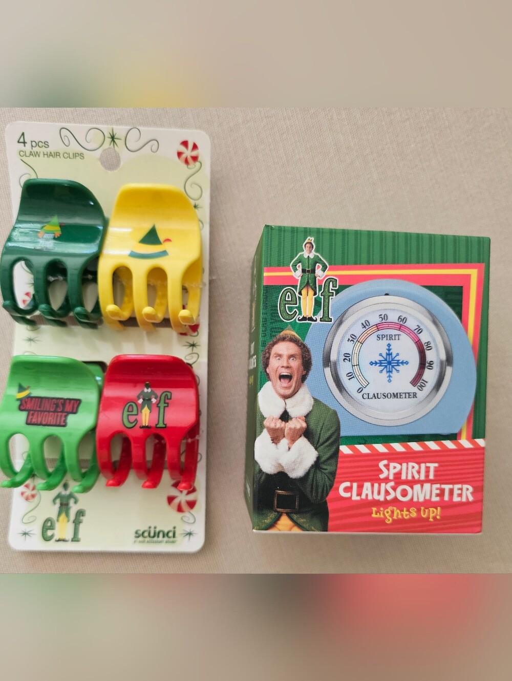 Bundle of NWT Elf Hair Clips (Scunci) and EUC Spirit Clausometer in Box